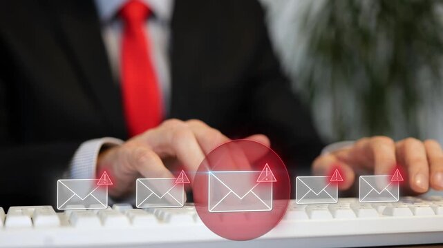 False businessman writing phishing scam virus messages on a computer keyboard