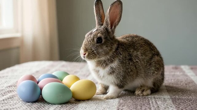 Little rabbit with patterned fur sits beside light pastel colored eggs. Spring Easter holiday decoration for seasonal greeting.