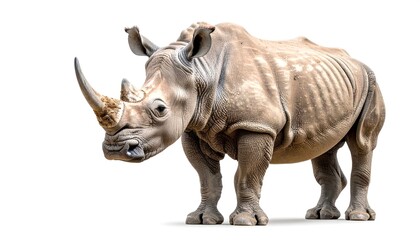 Obraz premium Full Body Side Profile Of A White Rhinoceros Standing Isolated On White Background