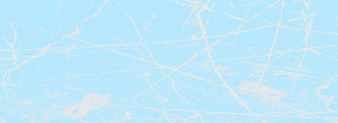 Scratched ice surface texture. Blue ice background with skate traces, cracks, scratches. Rough winter sport rink backdrop. Frozen lake or pond water wallpaper with dots, spot and lines. Eps10