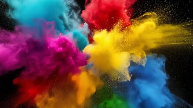 Colorful powder explosion on dark background. Dynamic color blast dissolving into vibrant clouds. Concept for celebration.