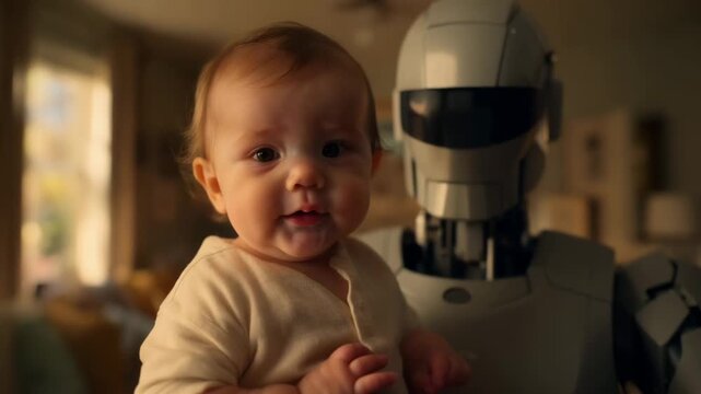 Baby looking at camera while being held by humanoid robot in warm indoor light