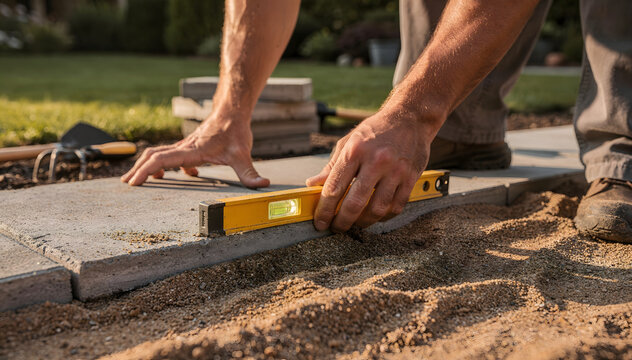 Paver Installation: A worker levels a paver stone with precision, ensuring a flawless patio construction in a vibrant outdoor setting on a sunny day, showcasing expertise