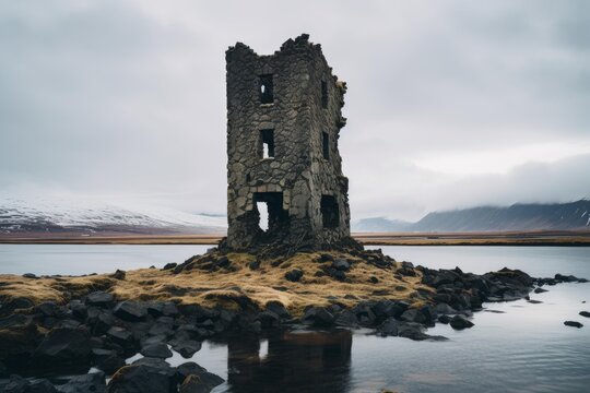Stone ruin standing on an island surrounded by water with mountains and cloudy sky