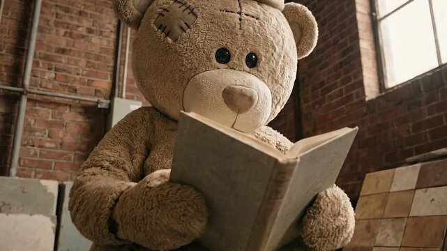 Vintage Teddy Bear Mascot Reading Book in Abandoned Industrial Room Zoom in