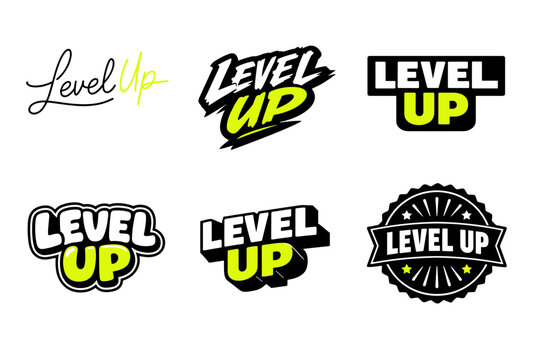 Set of bold green and black 'level up' logos in various styles