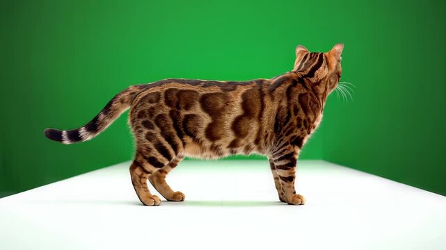 Bengal cat walking towards camera on white surface with green background