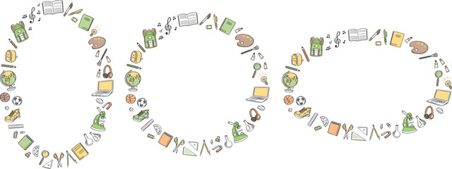 学校生活の文房具や学用品　線画イラストの丸フレームセット　黄色・緑色