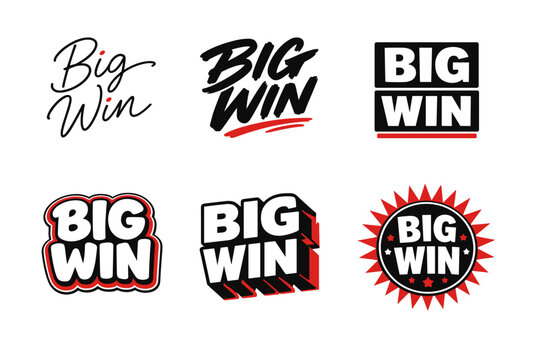 Various big win logos with bold typography and artistic styles