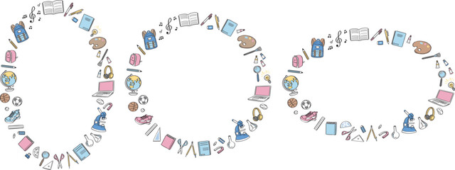 学校生活の文房具や学用品　線画イラストの丸フレームセット　水色・ピンク