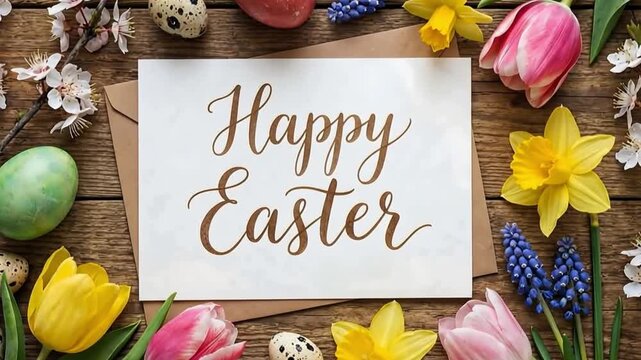 Happy Easter greeting cards with spring flowers backdrop. Rustic wood background with festive decoration for holiday season.
