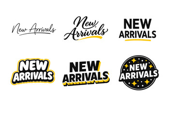 Fototapeta premium Variety of new arrivals text designs with yellow accents and stars