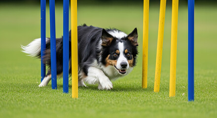 Tri-colored dog running through agility poles on green grass