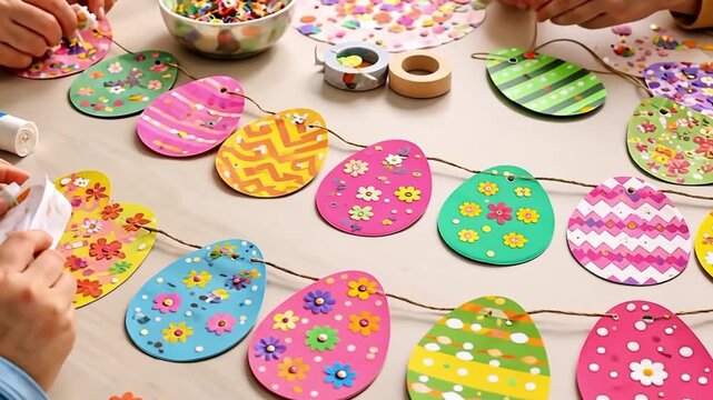 Child s and adult s hands making easter egg decorations. Many colorful paper eggs on string, craft activity for Easter holiday.
