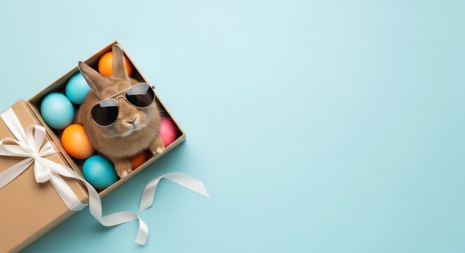 Cool brown bunny wearing aviator sunglasses peeking out of a gift box with colorful Easter eggs on blue background.