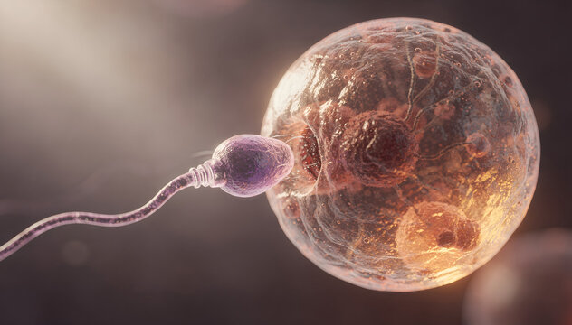 Spermatozoon Fertilizing Egg Cell: A Microscopic View of Human Reproduction, Illustrating Science, Medicine, and The Beginnings of Life with Warm Colors and Bright Light