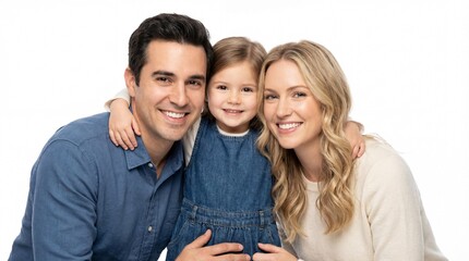 Happy young family portrait with smiling parents and little daughter embracing together on white background