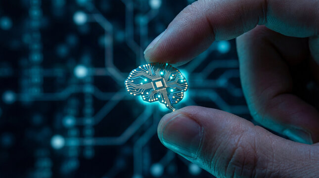 Innovative technology brain chip held by fingers on futuristic circuit background