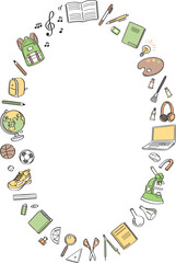 学校生活の文房具や学用品　線画イラストの丸フレーム　縦長　黄色・緑色