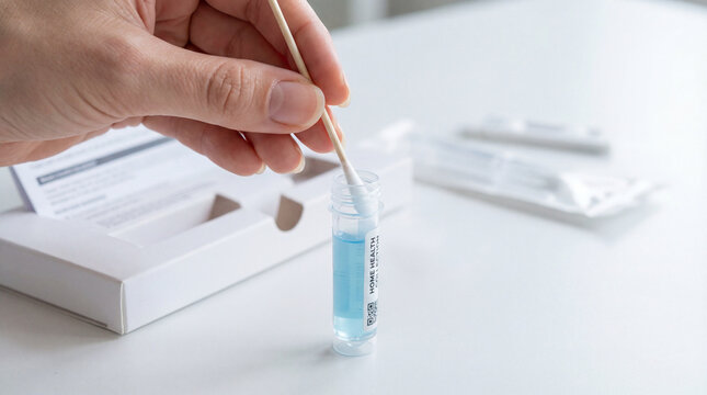 Hand holding swab over home health test kit with blue liquid