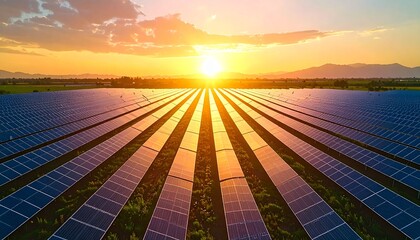 Vast solar panel farm in a rural landscape during a vibrant sunset, representing renewable energy and sustainable technology.