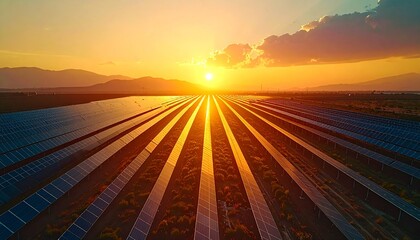 Vast solar panel farm in a rural landscape during a vibrant sunset, representing renewable energy and sustainable technology.