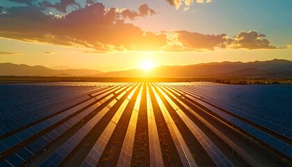 Vast solar panel farm in a rural landscape during a vibrant sunset, representing renewable energy and sustainable technology.