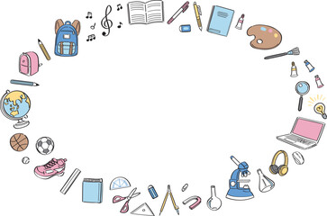 学校生活の文房具や学用品　線画イラストの丸フレーム　横長　水色・ピンク