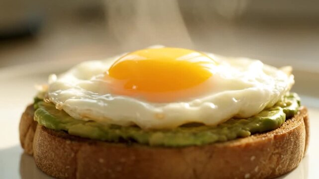 A close-up icon of a fried egg on toasted bread with avocado spread, delicately cooked on a kitchen table