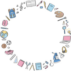 学校生活の文房具や学用品　線画イラストの丸フレーム　水色・ピンク