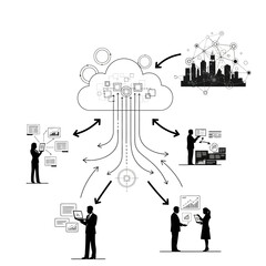 Cloud computing concept with people interacting with data and a city skyline illustration.