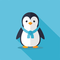 Obraz premium A charming cartoon penguin with a blue scarf on a soft blue background