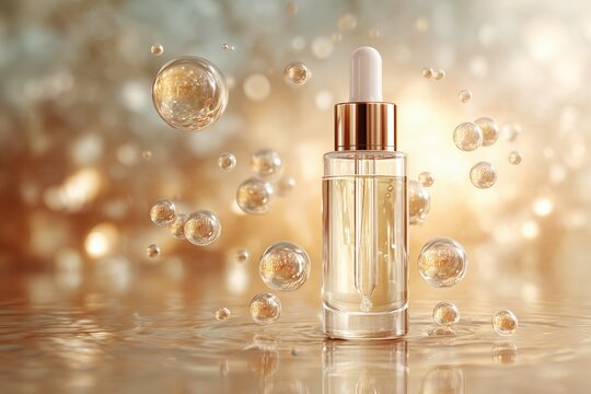 Transparent glass dropper bottle filled with golden serum surrounded by floating bubbles on a reflective surface with a soft blurred background