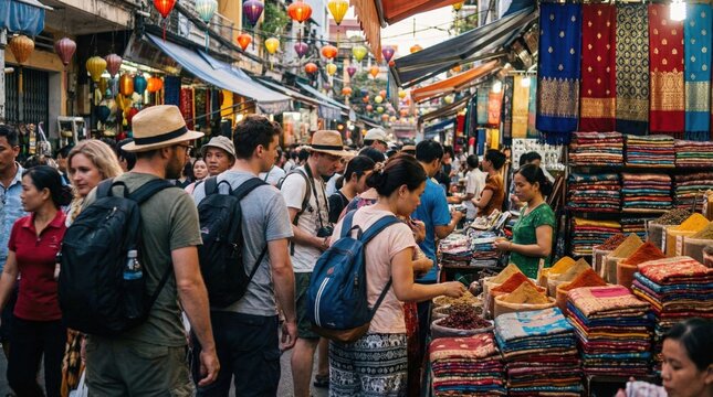 Busy street market in Asia with tourists browsing colorful textiles and spices, vibrant local commerce, cultural travel atmosphere, authentic urban lifestyle scene.
