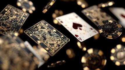 Playing cards and casino chips floating against a black background