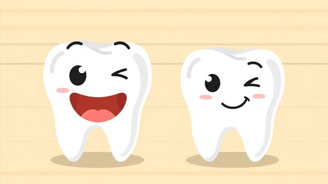 Cartoon teeth smiling and winking on wooden texture background