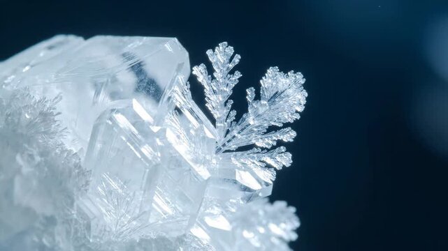 Detailed macro shot showcasing the beautiful and complex structures of ice crystals and a snowflake. Ideal for winter, science, abstract.