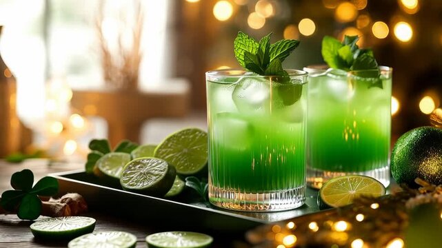 Refreshing green mint lime mocktails on tray with festive bokeh background
