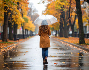 Obraz premium Mujer caminando bajo la lluvia en una calle urbana en otoño, con paraguas, reflejos en el asfalto mojado que transmite soledad, pausa, ritmo urbano y vida cotidiana en la ciudad