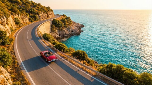 Couple driving red convertible classic car on winding coastal road at sunset. Aerial view of romantic road trip by the sea
