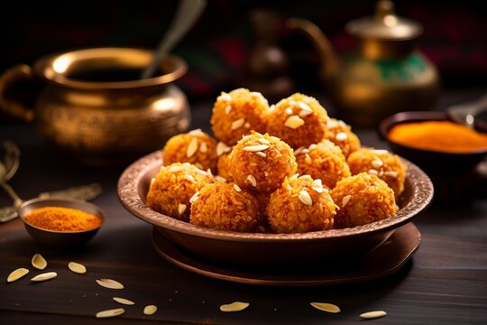 Festive laddu sweet balls arranged on a bronze plate with almonds and spices