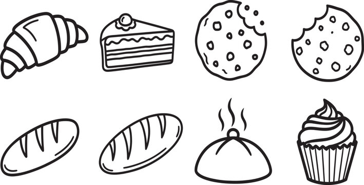 A delightful collection of baked goods including croissants, cakes, cookies, bread, buns, and cupcakes