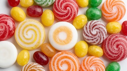 Fototapeta premium A colorful assortment of swirly candies and jelly beans on a white background