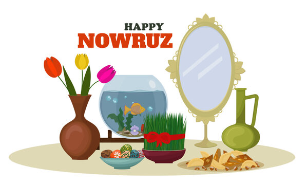 Happy Nowruz Greeting Card with Haft-Sin Symbols on White Background. Festive vector illustration for Persian New Year celebration. Design on a white background with "Happy Nowruz"