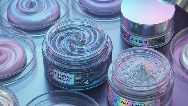 Colorful cosmetic jars with swirling textures and labels arranged artistically on a reflective surface, showcasing various skincare products in a visually appealing layout