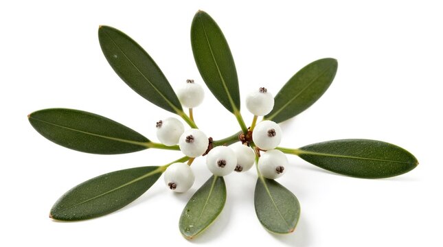 A sprig of mistletoe with green leaves and white berries on a white background