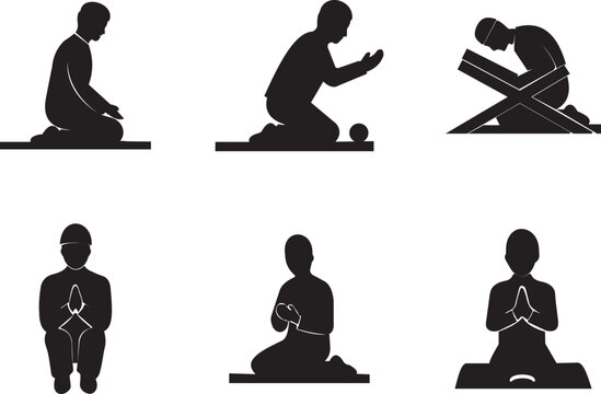Six silhouettes of muslim prayer poses salat isolated on white background