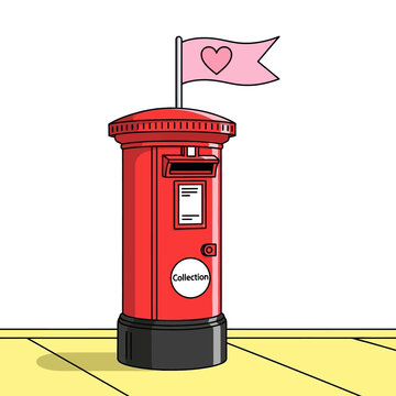 A vibrant red British pillar post box with a pink flag featuring a heart symbol on top, standing on a yellow ground.