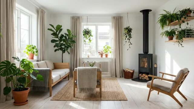 Bright and airy living room featuring green plants, wooden furniture, and a cozy fireplace, creating a warm and inviting atmosphere in a modern home setting