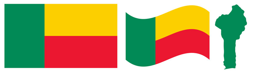 Benin Flag and Map Set. Official Green Yellow and Red Pan-African National Emblem Featuring Flat Design, Waving Flag Effect, and Country Geographic Map Silhouette Isolated on White Background